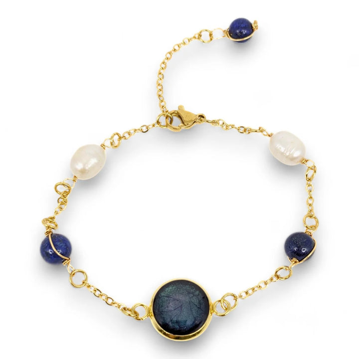 Oceanic Pearl Gleam - Blaues Edelstein Armband mit Süßwasserperlen